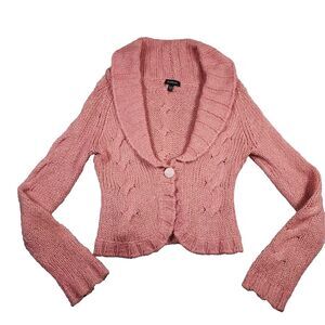 Bebe Sz M Pink & Gold Y2K Knit Mohair Blend‎ Soft Girl Preppy Coquette Cardigan